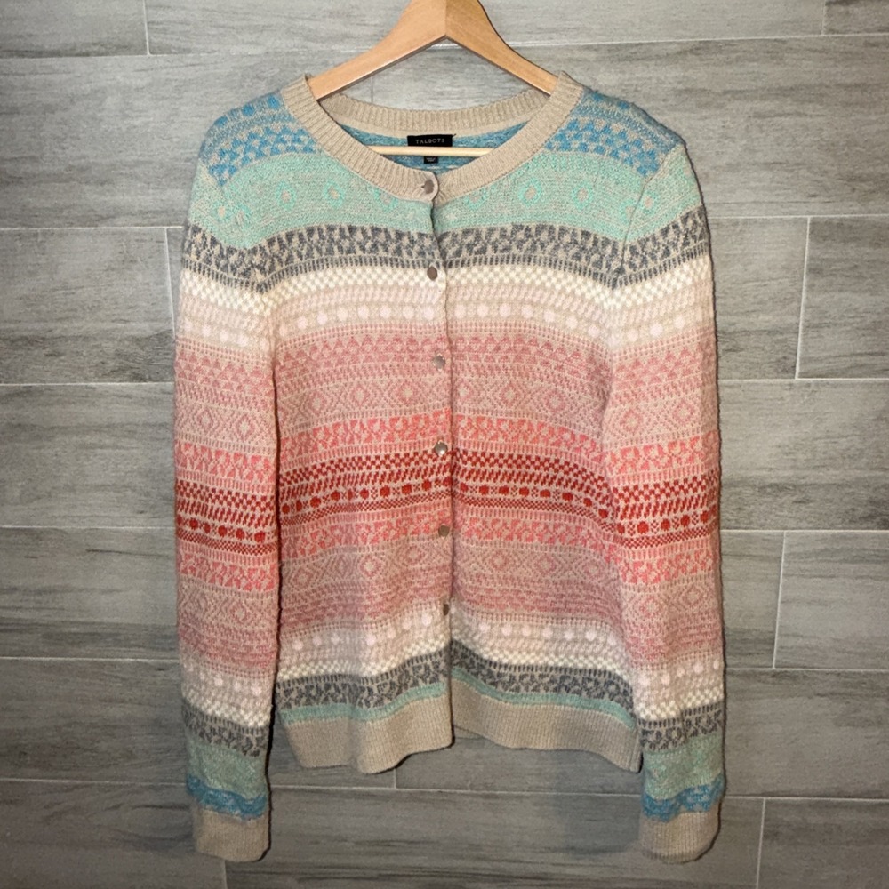 Talbots Fair Isle Nordic Lambswool Cardigan Woman's Size L Multi-Color